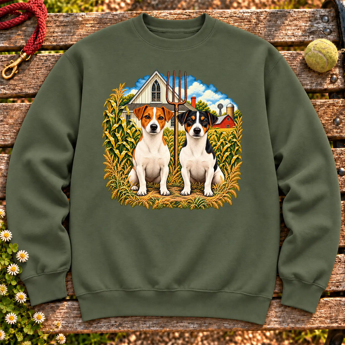 American Dogthic Jack Russell farmhouse design on a Military Green Gildan® Heavy Blend sweatshirt
