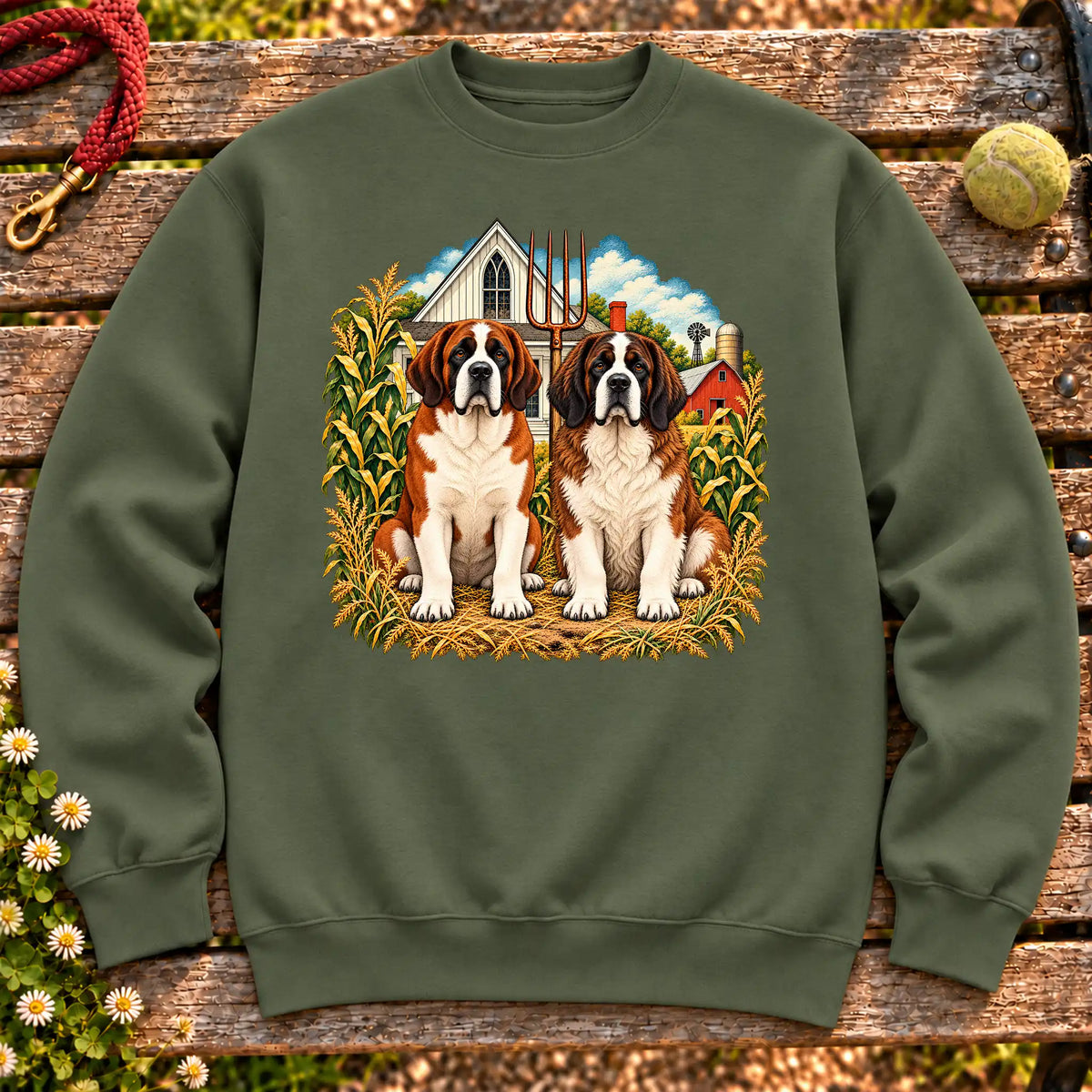 American Dogthic Saint Bernard farmhouse design on a Military Green Gildan® Heavy Blend sweatshirt