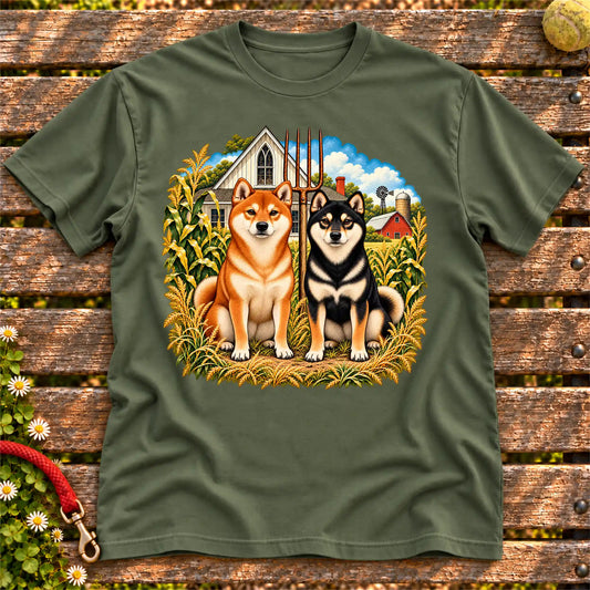 American Dogthic Shiba Inu farmhouse design on a Military Green Gildan® Softstyle T-shirt