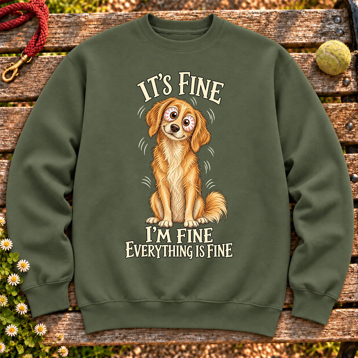 Golden Retriever Everything Is Fine crewneck sweatshirt in Military Green
