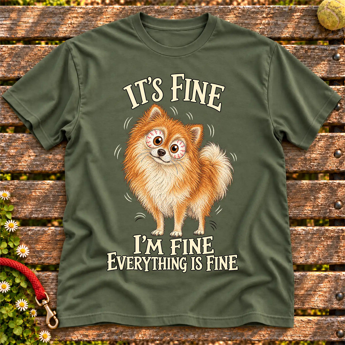 Pomeranian Everything Is Fine Softstyle T-shirt in Military Green