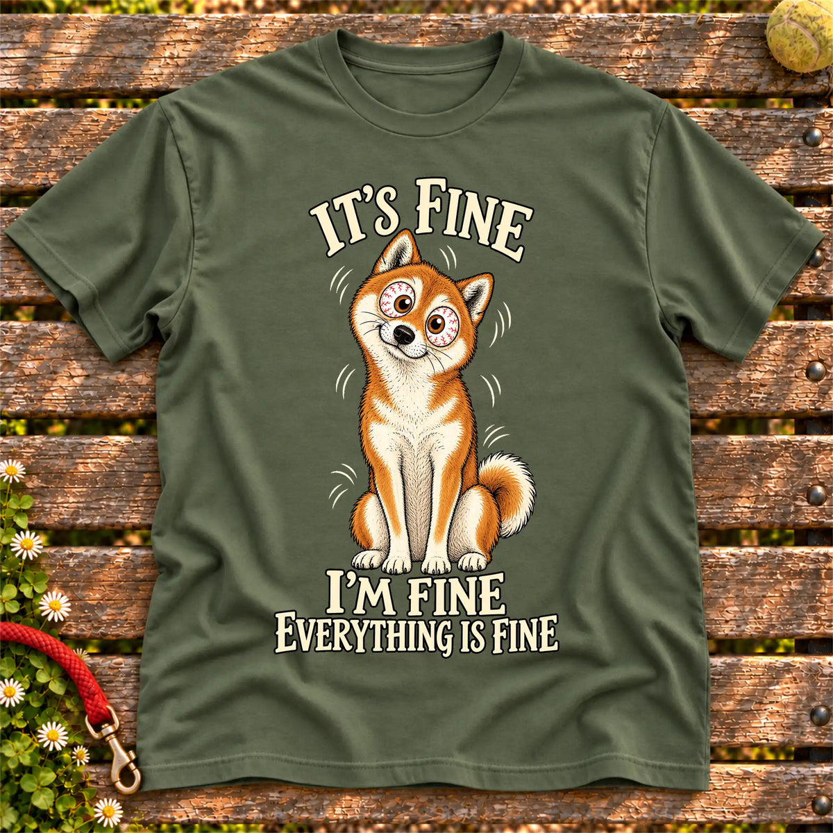 Shiba Inu Everything Is Fine Softstyle T-shirt in Military Green