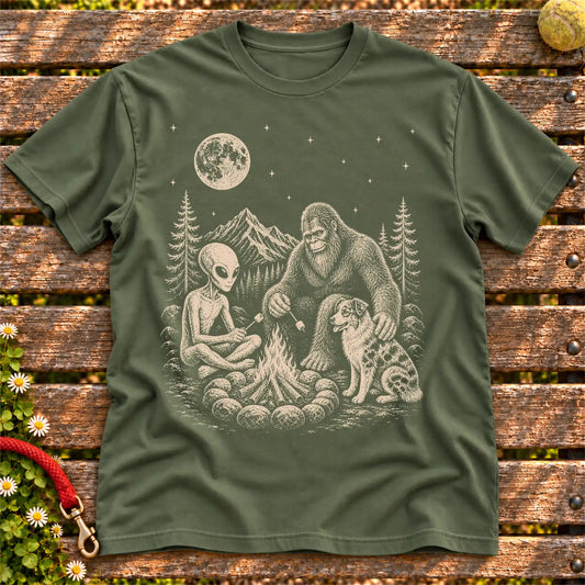 Australian Shepherd Camping with Bigfoot and Alien on a Military Green T-shirt, shown flat