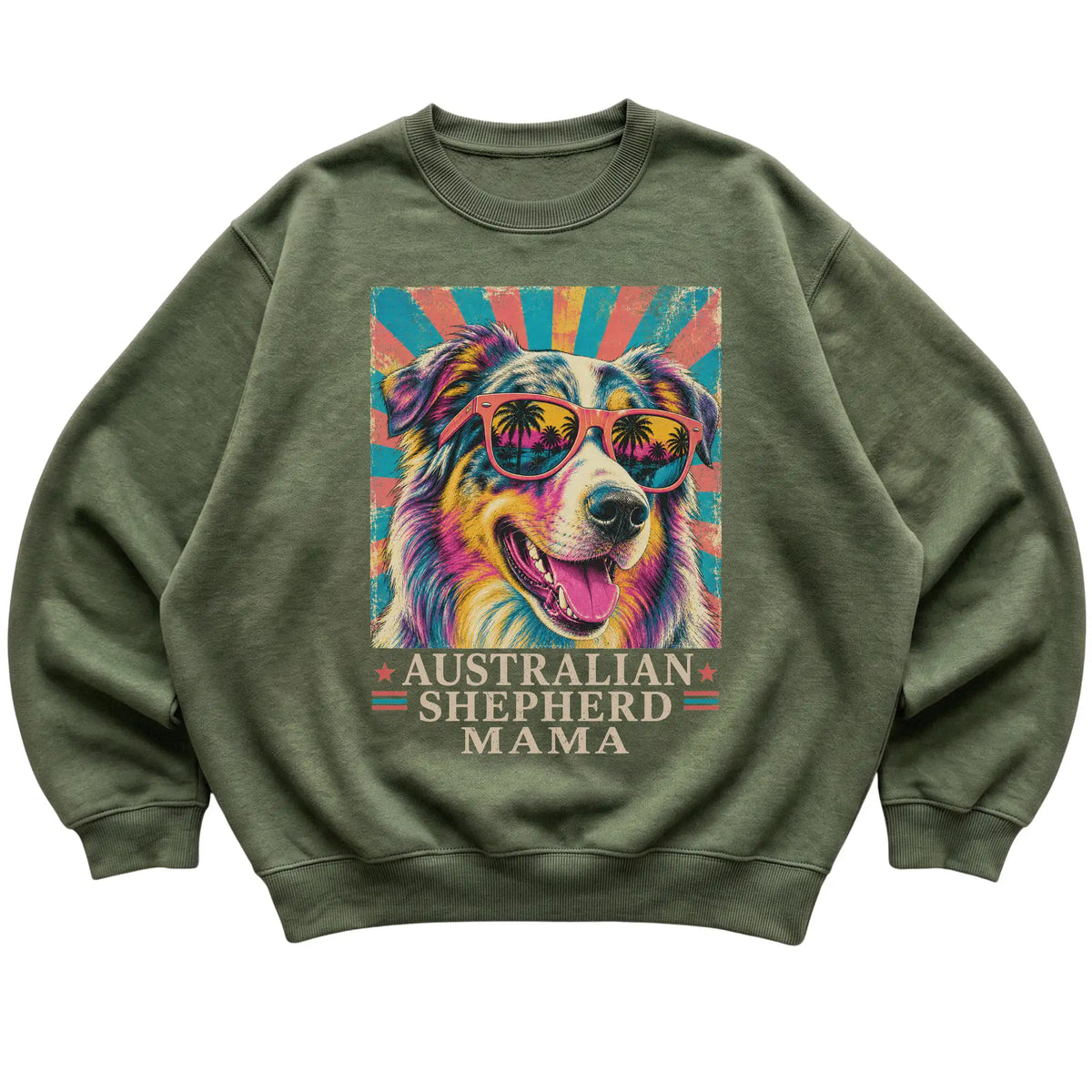 Retro Australian Shepherd Mama design on a Military Green crewneck sweatshirt