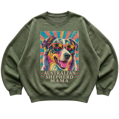 Retro Australian Shepherd Mama design on a Military Green crewneck sweatshirt