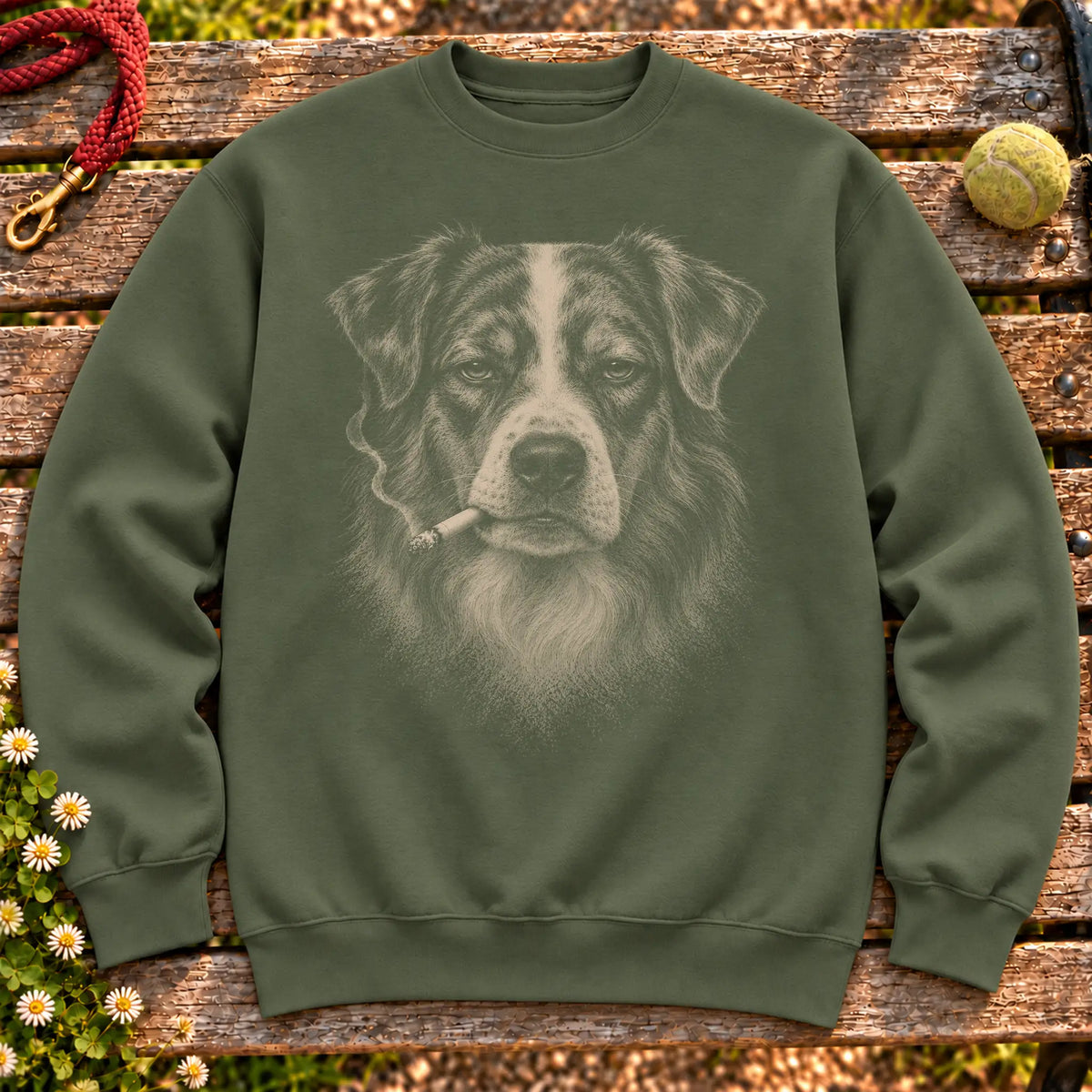 Australian Shepherd smoking design on a Military Green sweatshirt