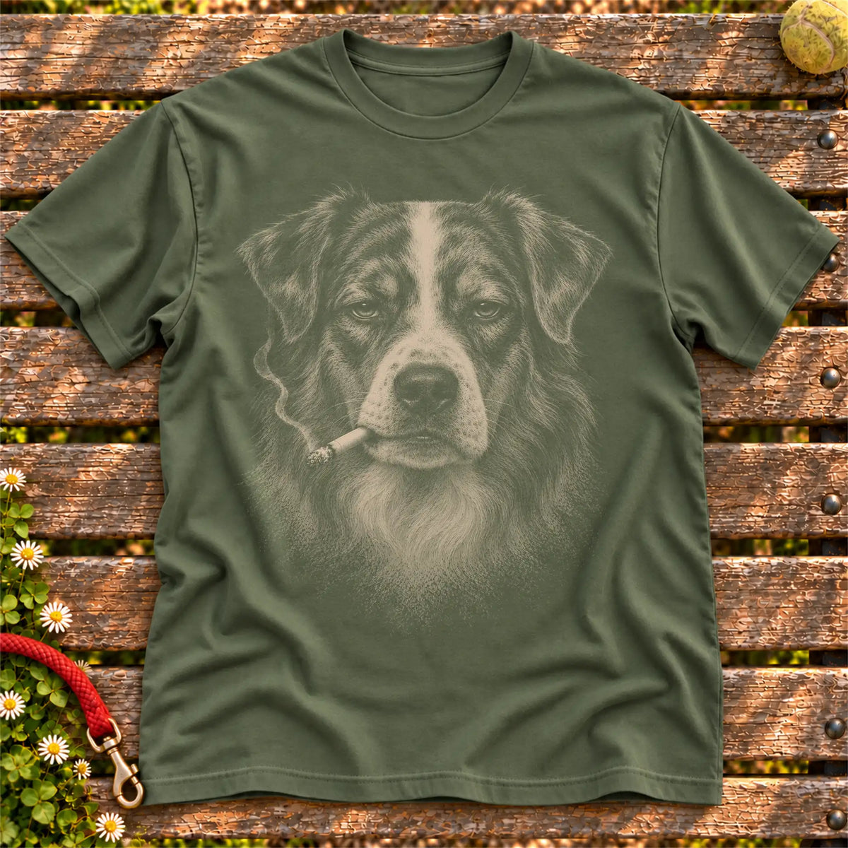 Australian Shepherd smoking design on a Military Green t-shirt