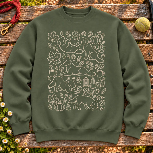 Golden Retriever Autumn on a Military Green crewneck sweatshirt, shown flat
