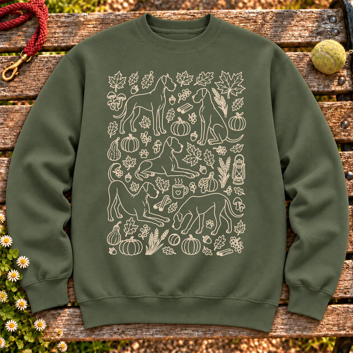 Great Dane Autumn on a Military Green crewneck sweatshirt, shown flat