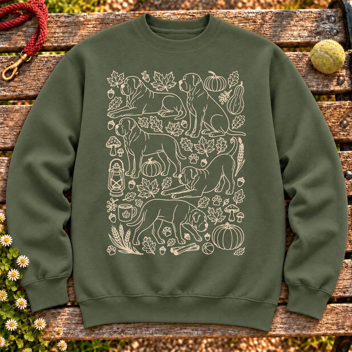 Mastiff Autumn on a Military Green crewneck sweatshirt, shown flat