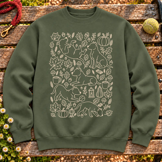 Pitbull Autumn on a Military Green crewneck sweatshirt, shown flat