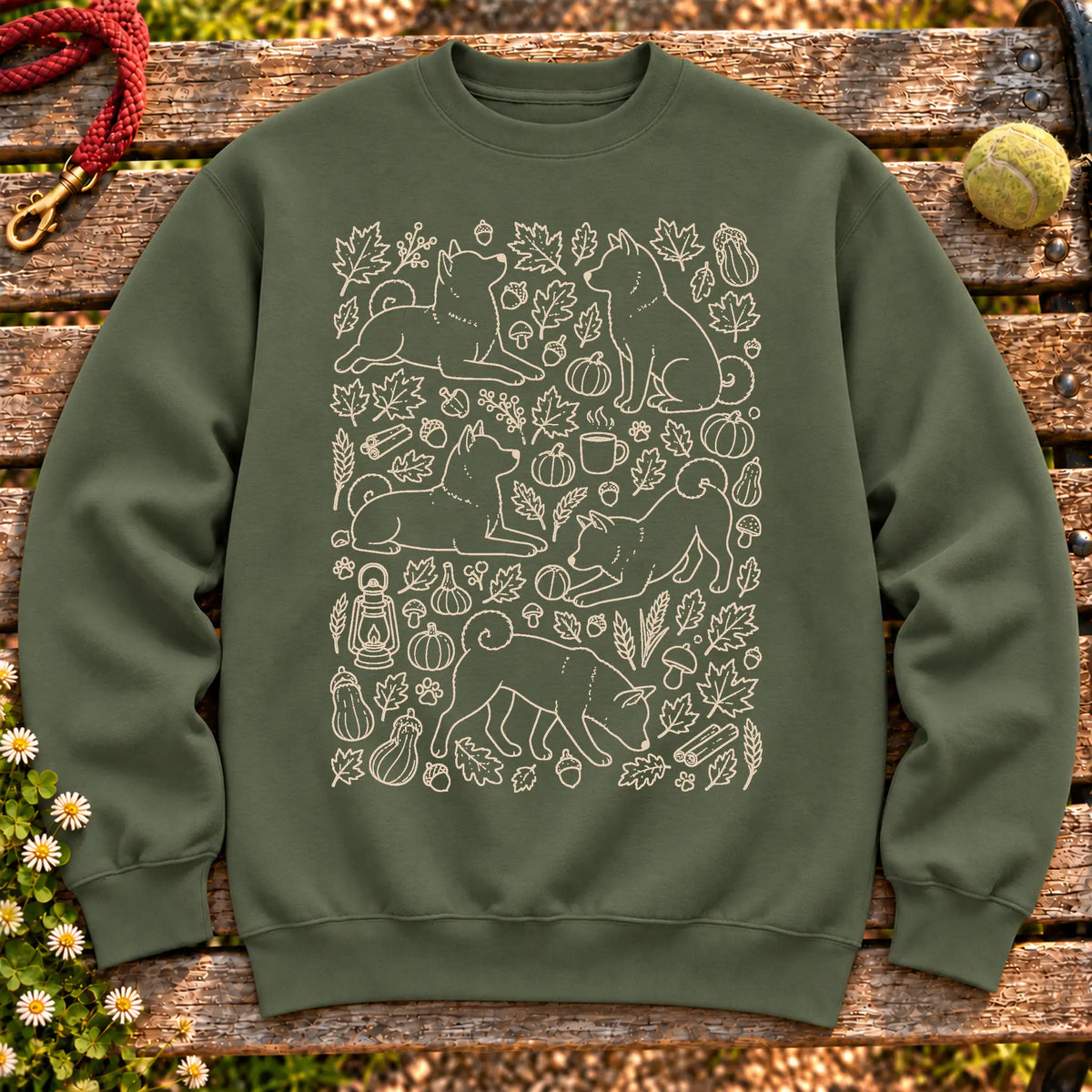 Shiba Inu Autumn on a Military Green crewneck sweatshirt, shown flat