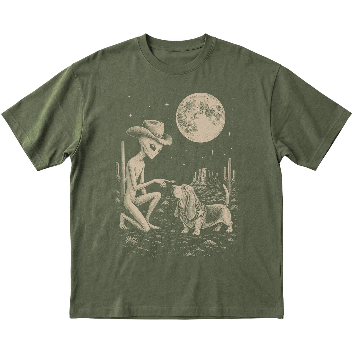 Military Green T-shirt featuring Basset Hound Cowboy and Alien, laid-flat presentation