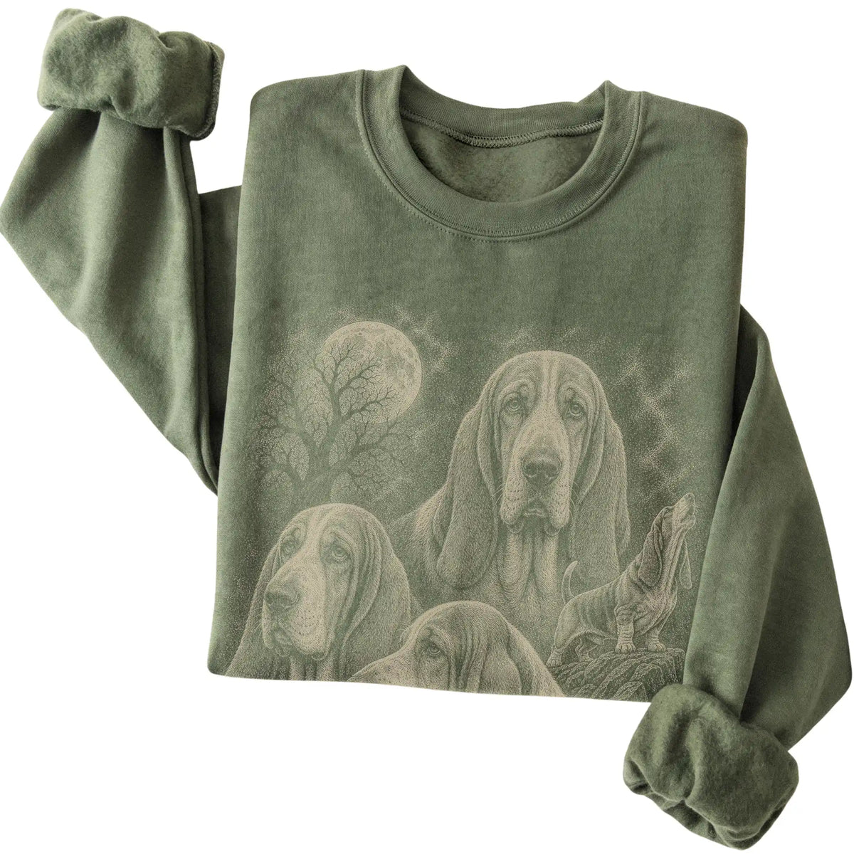 Basset Hound 90s Moon Sweatshirt in Military Green — folded detail