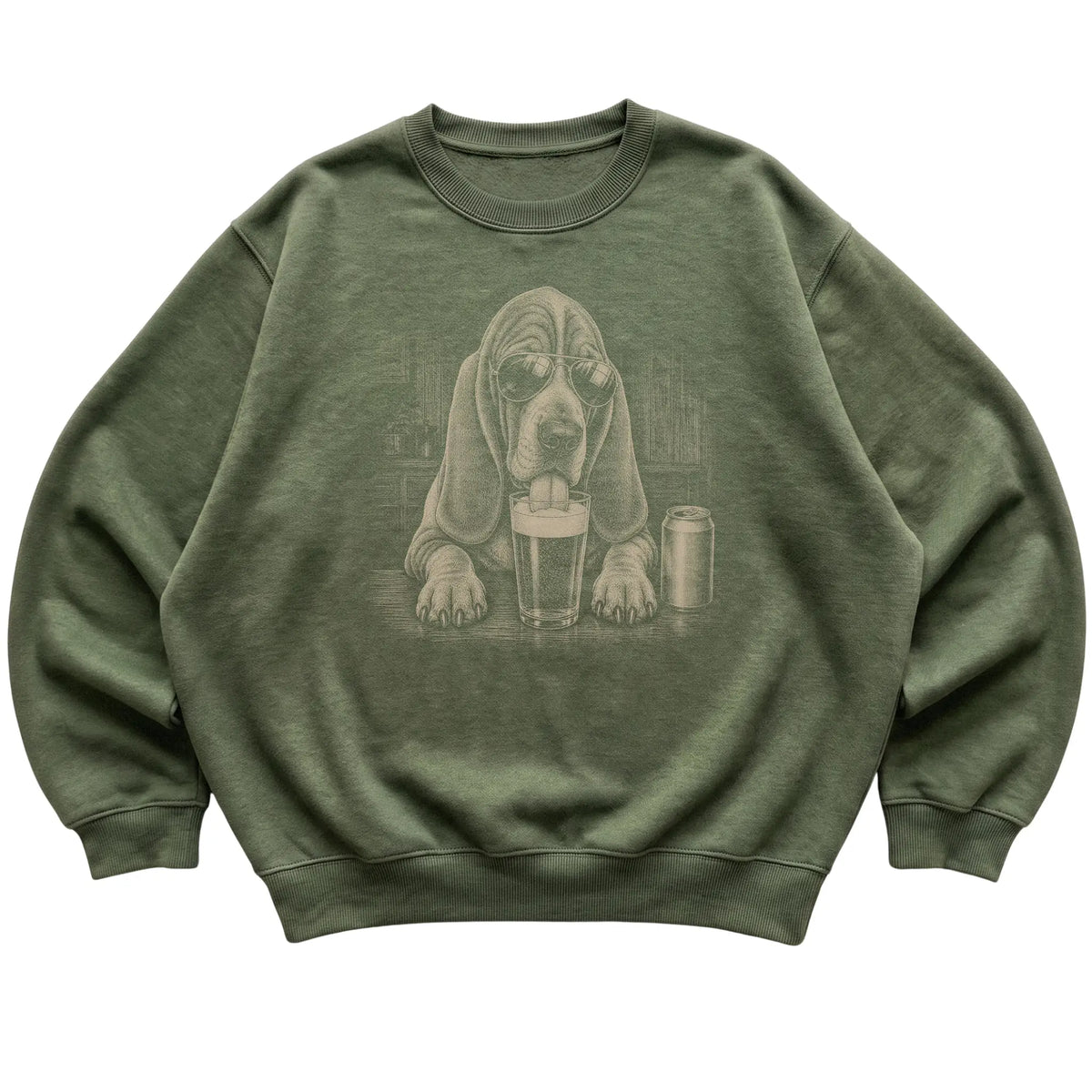 Military Green Basset Hound drinking from a pint at a bar, laid flat