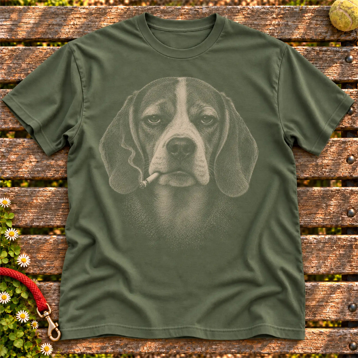 Beagle smoking design on a Military Green t-shirt