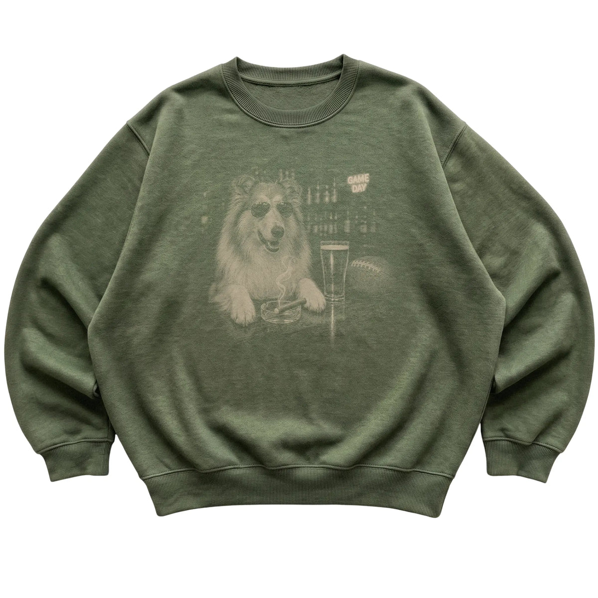 Military Green Beer and Football Collie sweatshirt, laid flat