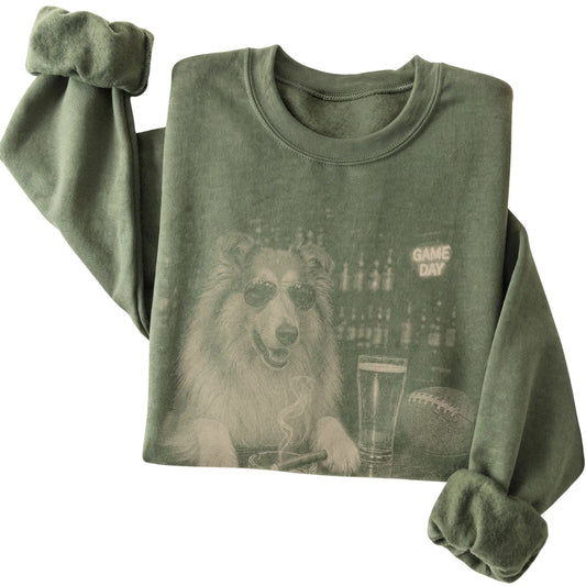 Military Green Beer and Football Collie sweatshirt, folded