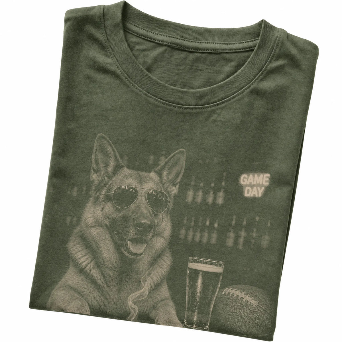 Military Green German Shepherd Beer and Football T-shirt, folded