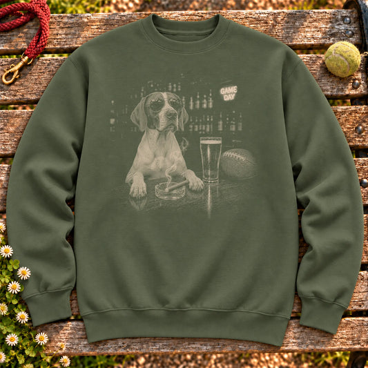 Pointer Beer and Football Shirt on a Military Green crewneck sweatshirt, shown flat
