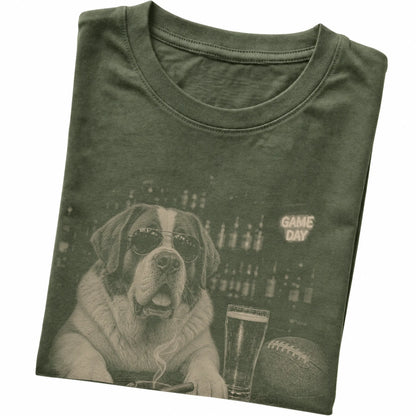 Military Green Saint Bernard Beer and Football T-shirt, folded