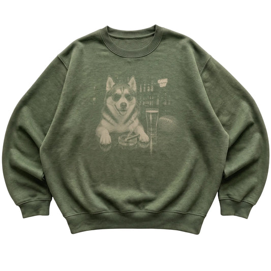 Military Green Beer and Football Siberian Husky sweatshirt, laid flat