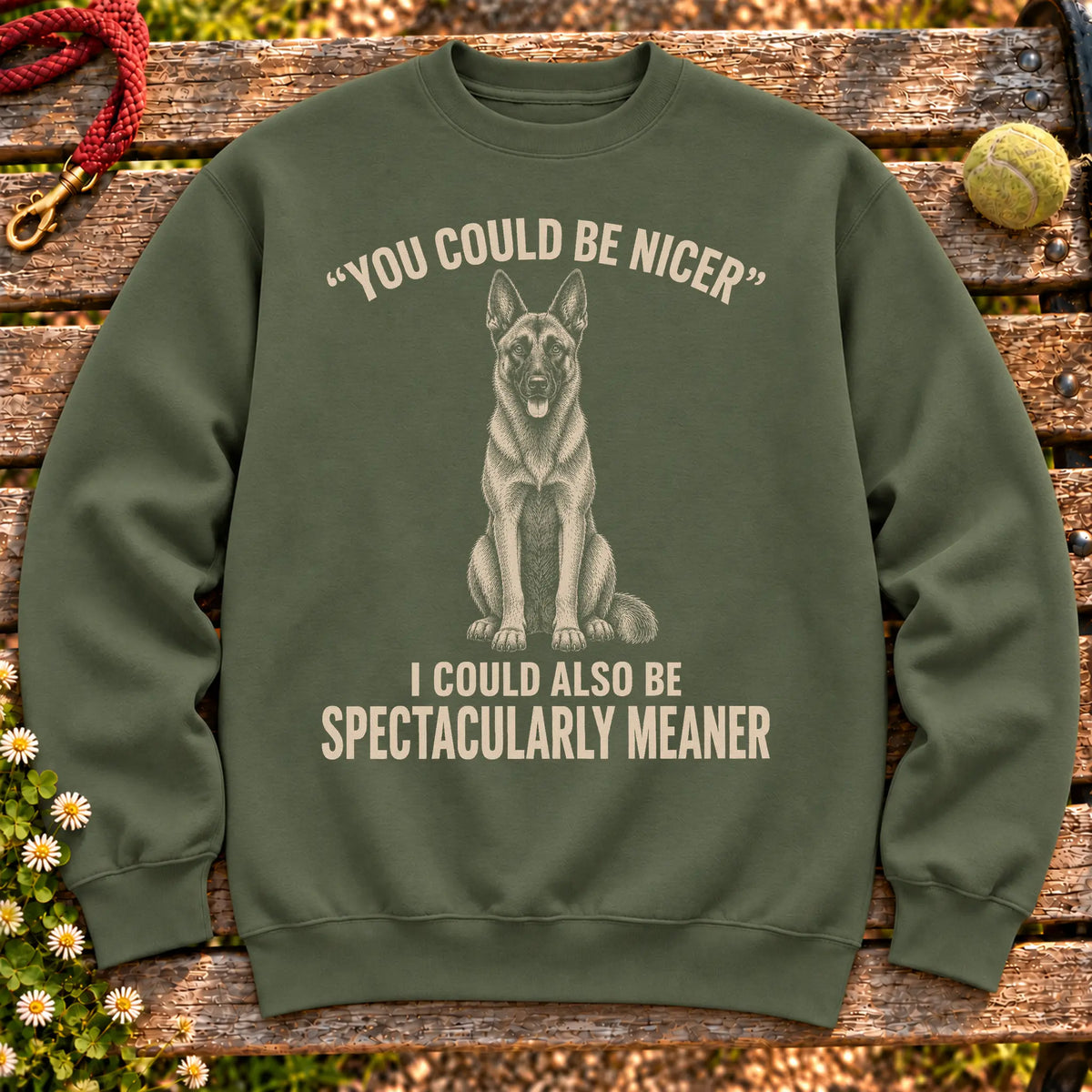 Belgian Malinois Guard Dog on a Military Green crewneck sweatshirt, shown flat