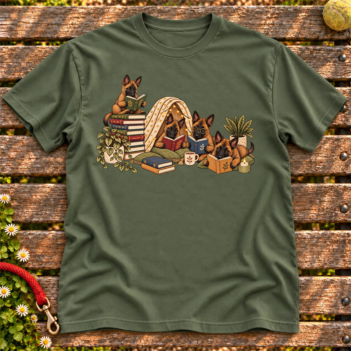 Belgian Malinois puppies reading books in a cozy blanket fort on a Military Green T-shirt