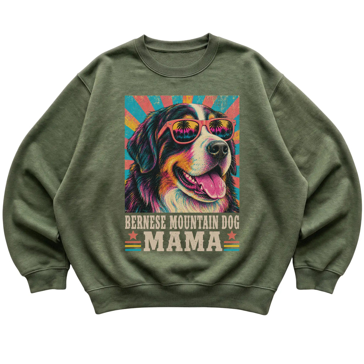 Retro Bernese Mountain Dog Mama design on a Military Green crewneck sweatshirt