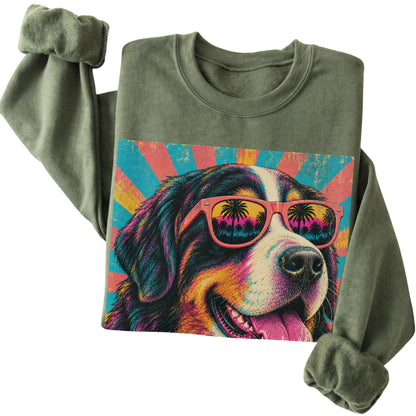 Folded Military Green crewneck sweatshirt with a Retro Bernese Mountain Dog Mama design