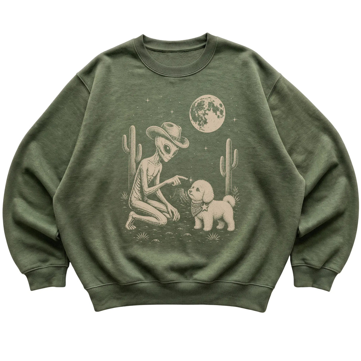 Military Green crewneck sweatshirt featuring Bichon Frise Cowboy and Alien, laid-flat presentation