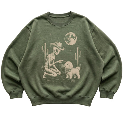 Military Green crewneck sweatshirt featuring Bichon Frise Cowboy and Alien, laid-flat presentation