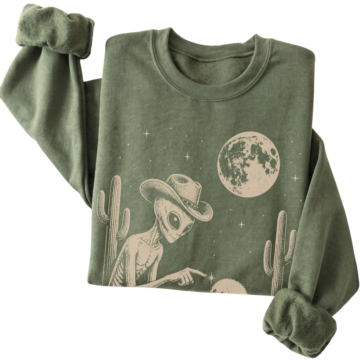 Military Green crewneck sweatshirt featuring Bichon Frise Cowboy and Alien, folded presentation