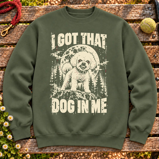 Military Green Bichon Frise I Got That Dog in Me sweatshirt, full garment view