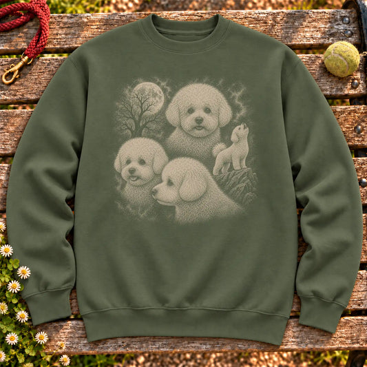 Bichon Frise 90s Moon design on a Military Green crewneck sweatshirt shown flat
