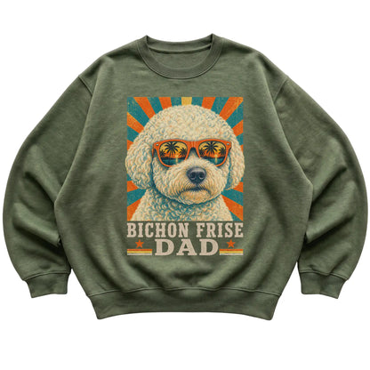 Retro Bichon Frise Dad design on a Military Green crewneck sweatshirt