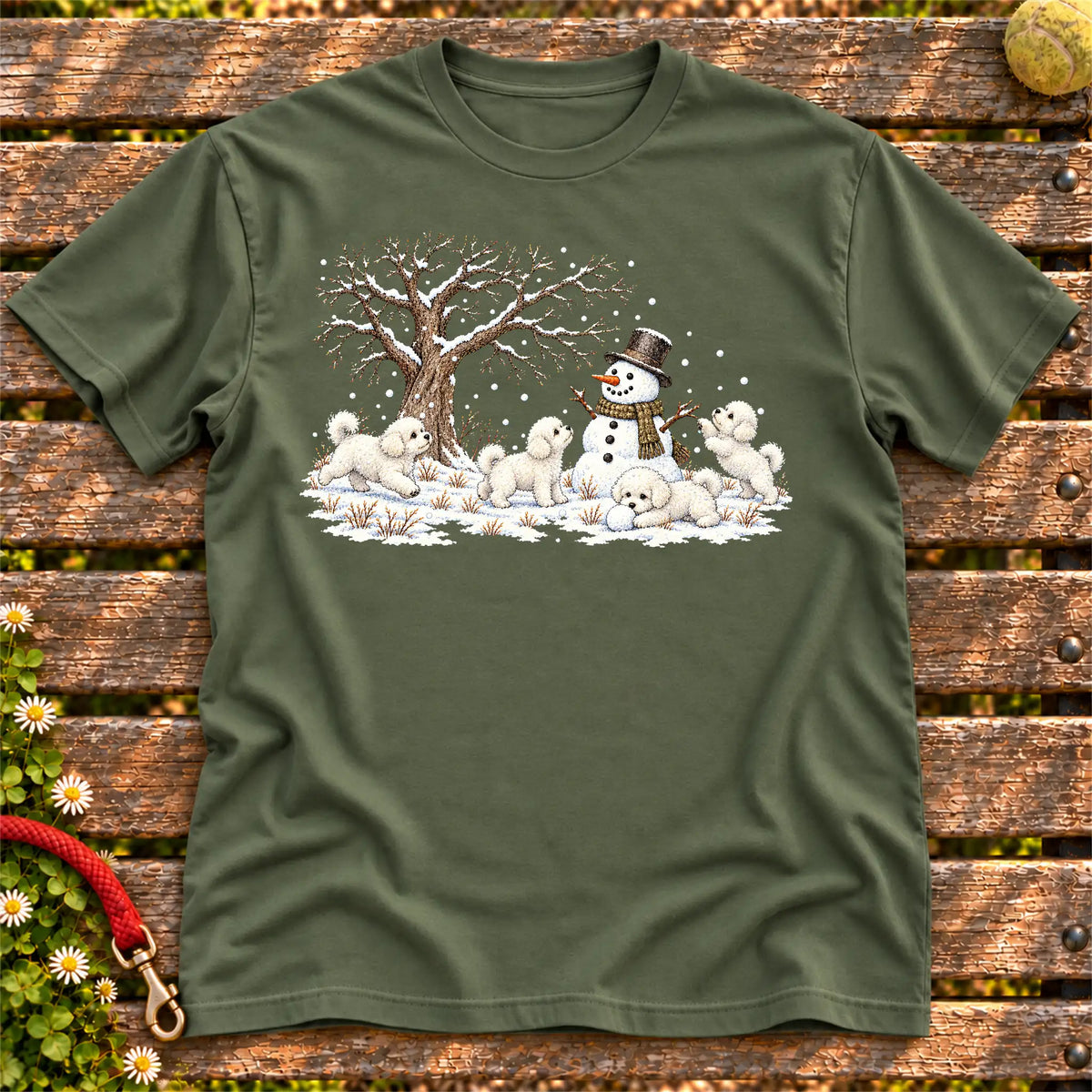 Bichon Frise puppies playing in snow with a snowman on a Military Green T-shirt