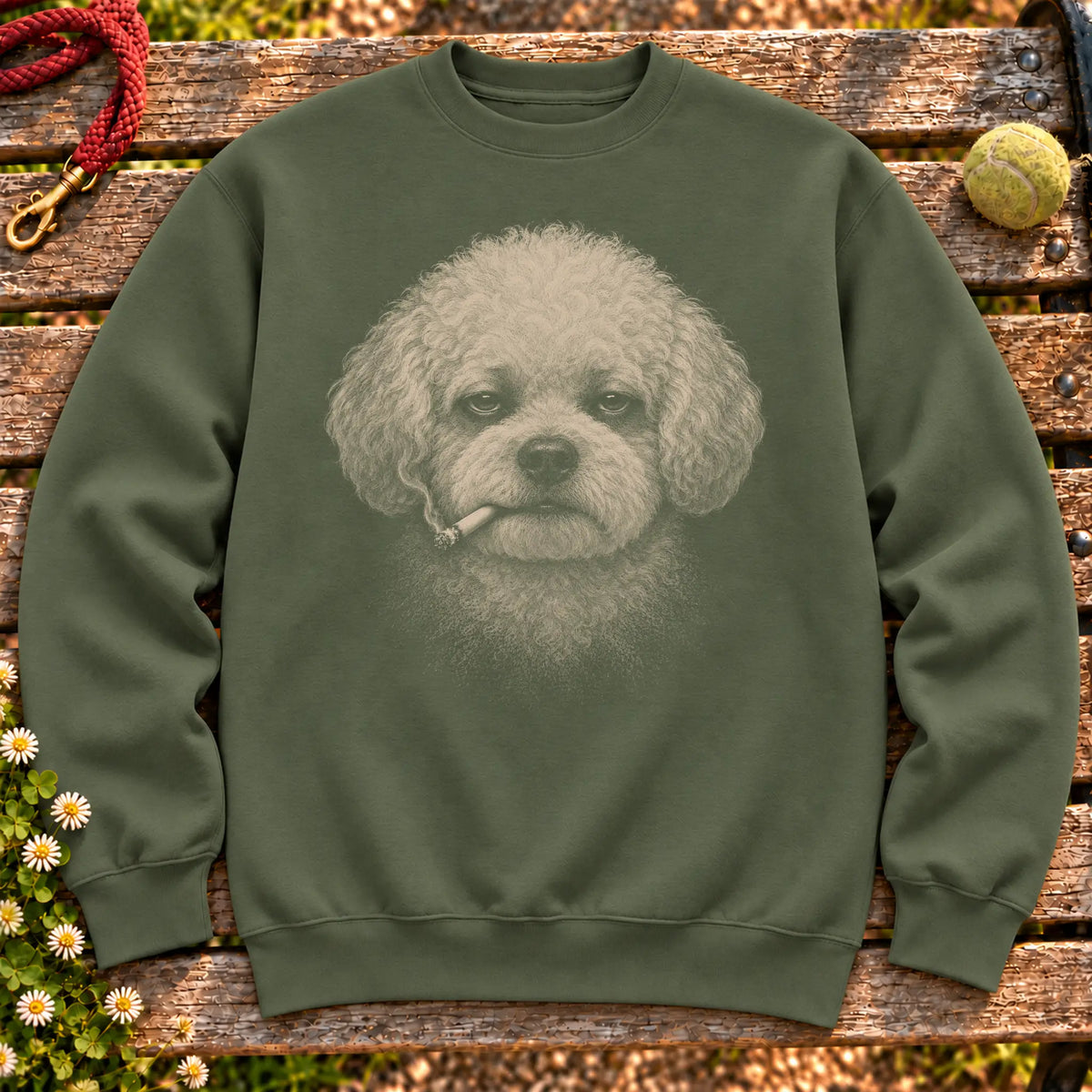 Bichon Frise smoking design on a Military Green sweatshirt