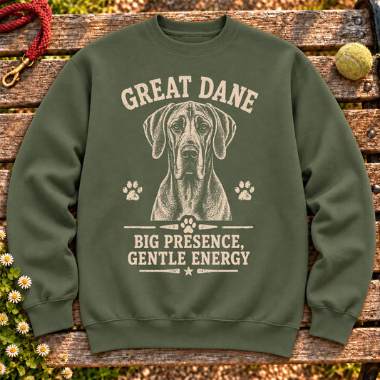 Military Green crewneck sweatshirt featuring Big Presence, Gentle Energy - Great Dane, laid-flat presentation
