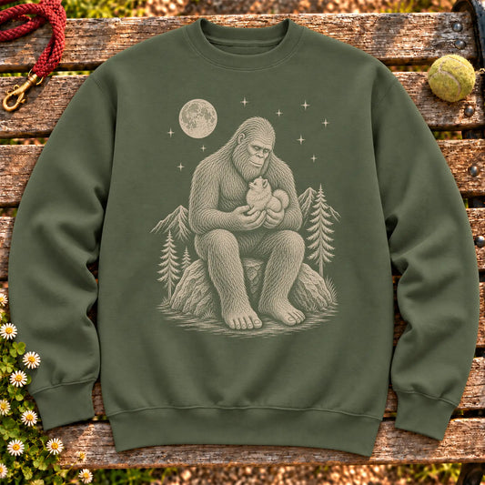 Pomeranian Bigfoot Holding on a Military Green crewneck sweatshirt, shown flat