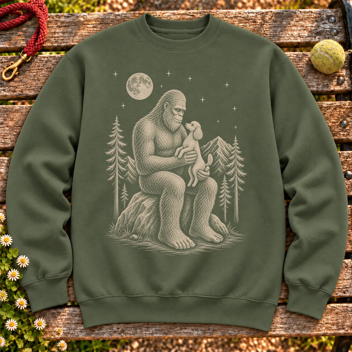Poodle Bigfoot Holding on a Military Green crewneck sweatshirt, shown flat