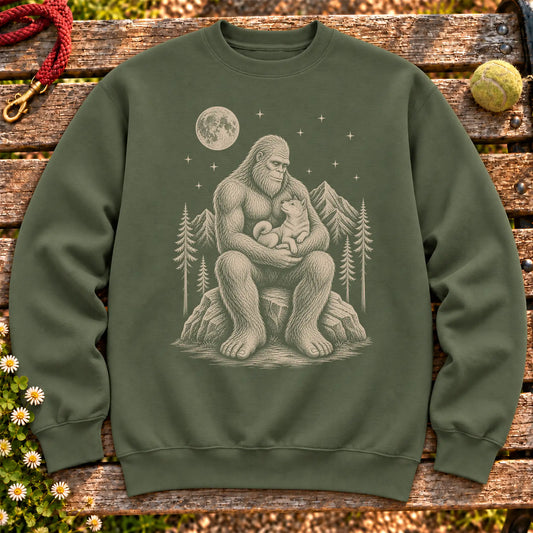 Shiba Inu Bigfoot Holding on a Military Green crewneck sweatshirt, shown flat