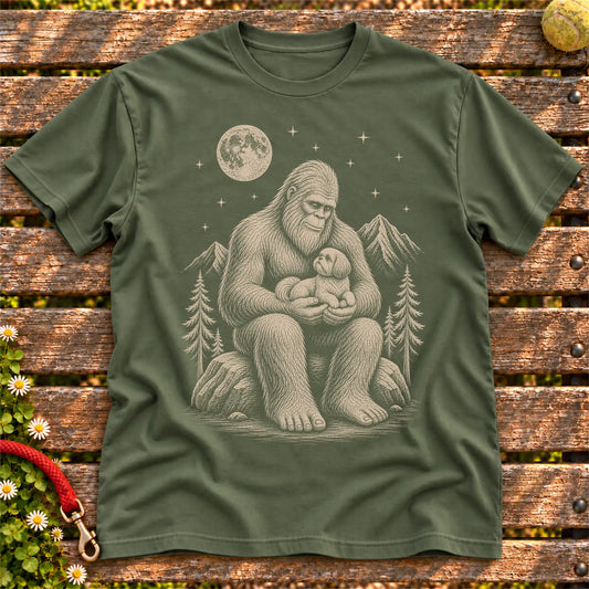 Shih Tzu Bigfoot Holding on a Military Green T-shirt, shown flat