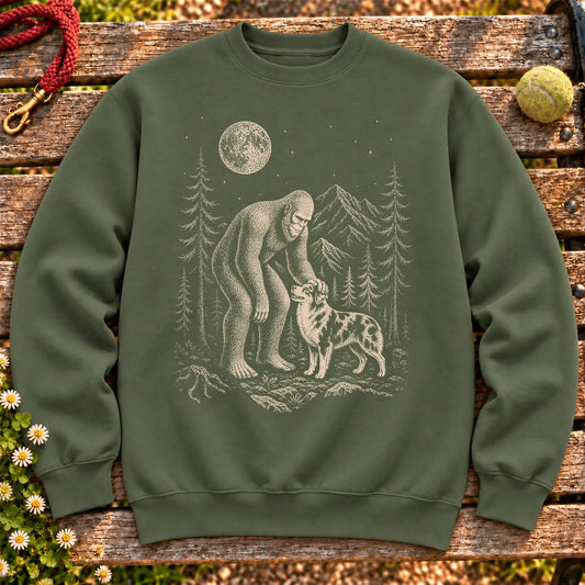 Australian Shepherd Bigfoot Petting on a Military Green crewneck sweatshirt, shown flat