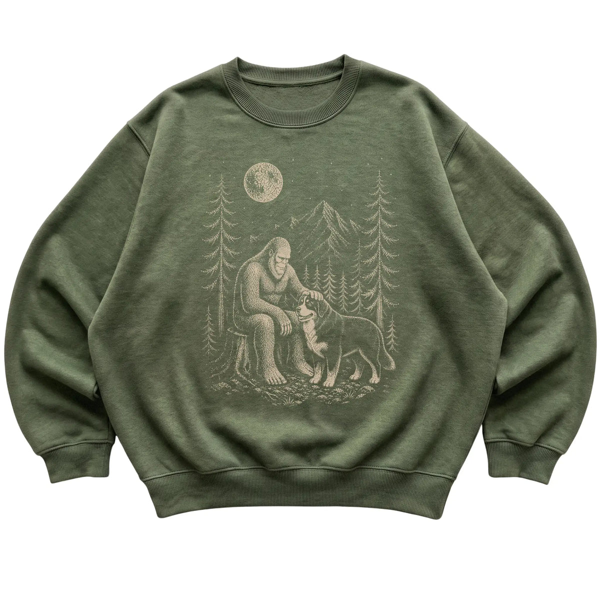 Bernese Mountain Dog and Bigfoot Sweatshirt in Military Green