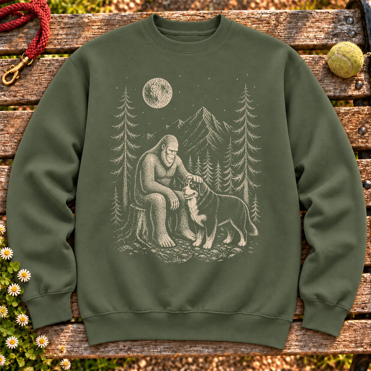 Bernese Mountain Dog Bigfoot Petting on a Military Green crewneck sweatshirt, shown flat