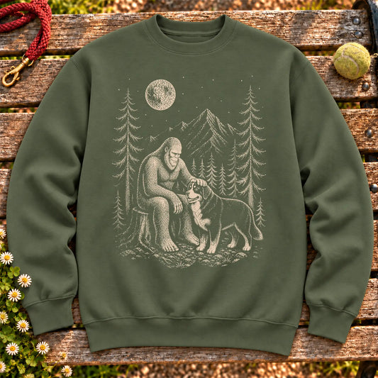 Bernese Mountain Dog Bigfoot Petting on a Military Green crewneck sweatshirt, shown flat