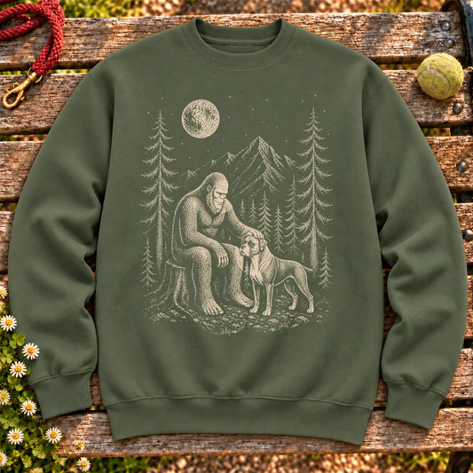 Boxer Bigfoot Petting on a Military Green crewneck sweatshirt, shown flat