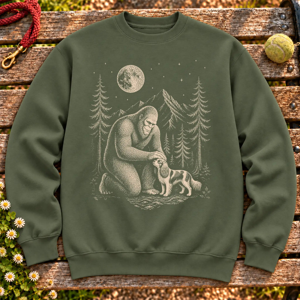 Cavalier King Charles Spaniel Bigfoot Petting on a Military Green crewneck sweatshirt, shown flat