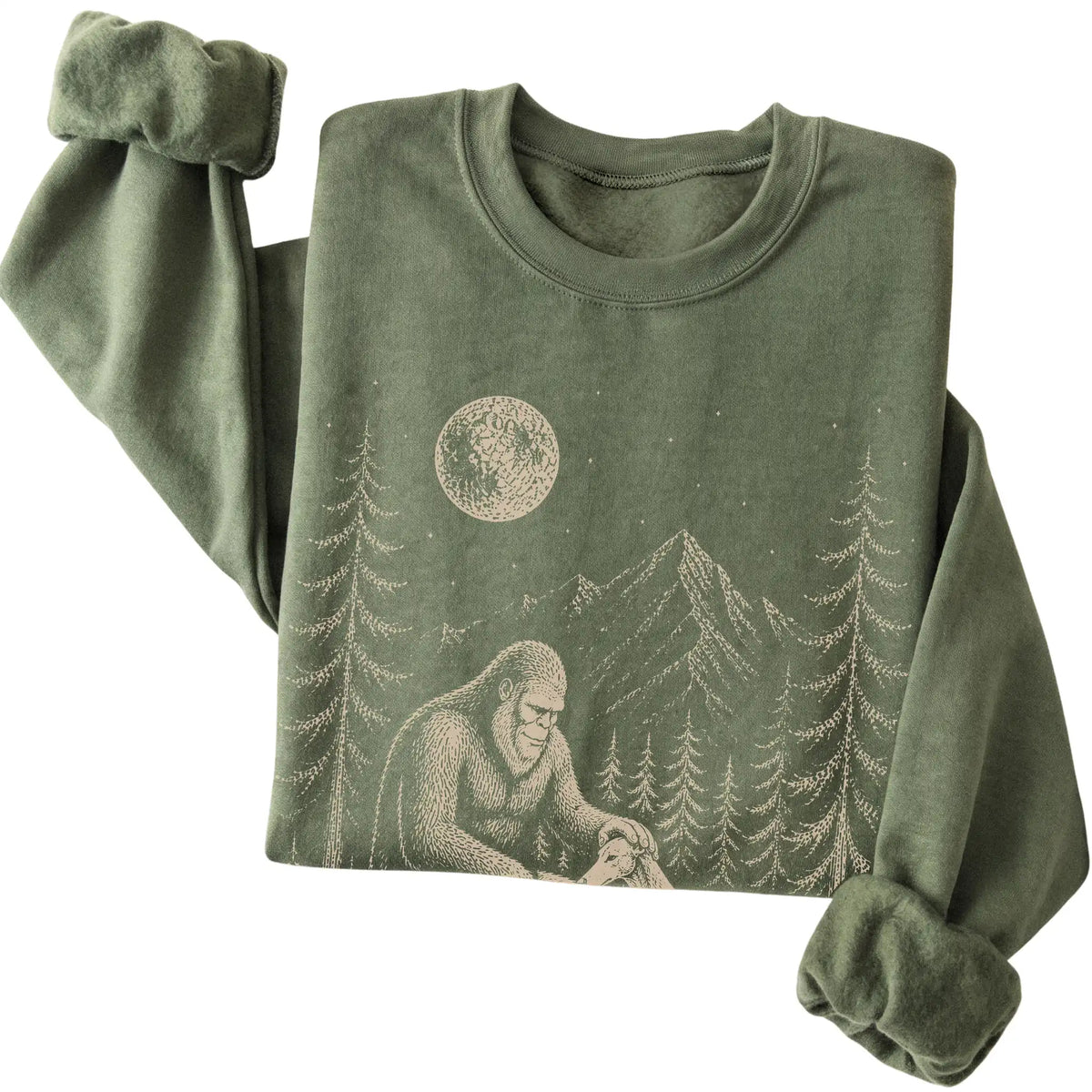 Folded Greyhound and Bigfoot Sweatshirt in Military Green
